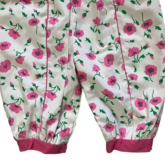 Vintage 80s Baby Pink, White, & Green Floral Collared Romper Size 6-9 Months